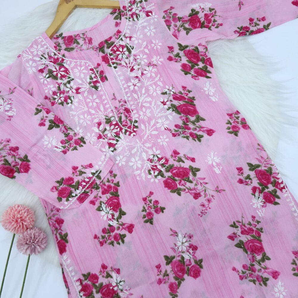 Pink Printed Cotton Chikankari Work Kurti