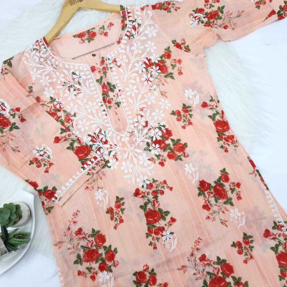 Musk Melon Peach Printed Cotton Chikankari Work Kurti