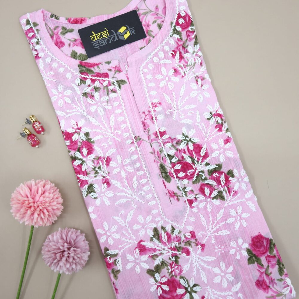 Pink Printed Cotton Chikankari Work Kurti