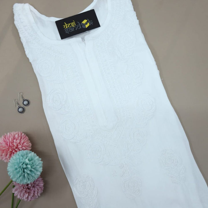 White Rayon Chikankari Work Kurti