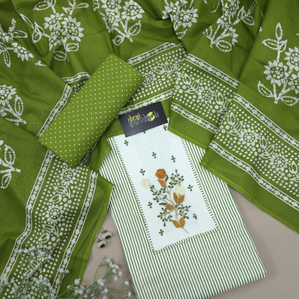 Green Stripe Printed Cotton Top with Printed Dupatta Set