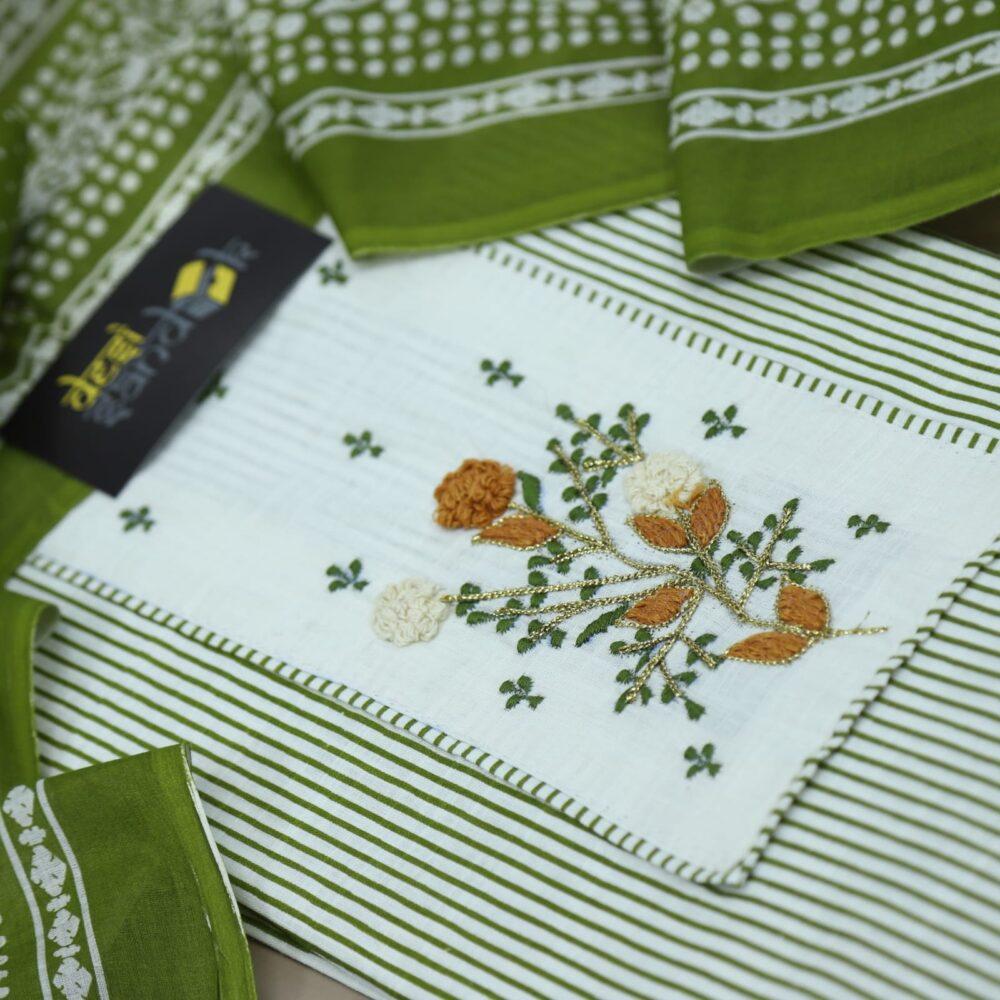 Green Stripe Printed Cotton Top with Printed Dupatta Set