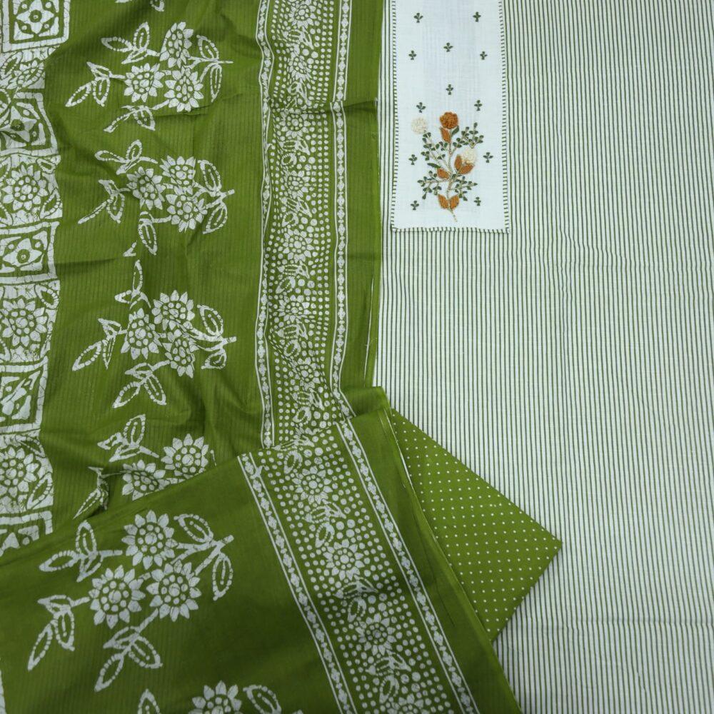 Green Stripe Printed Cotton Top with Printed Dupatta Set