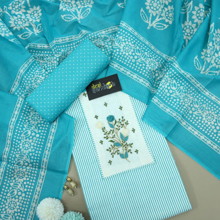 Turquoise Stripe Printed Cotton Top with Printed Dupatta Set