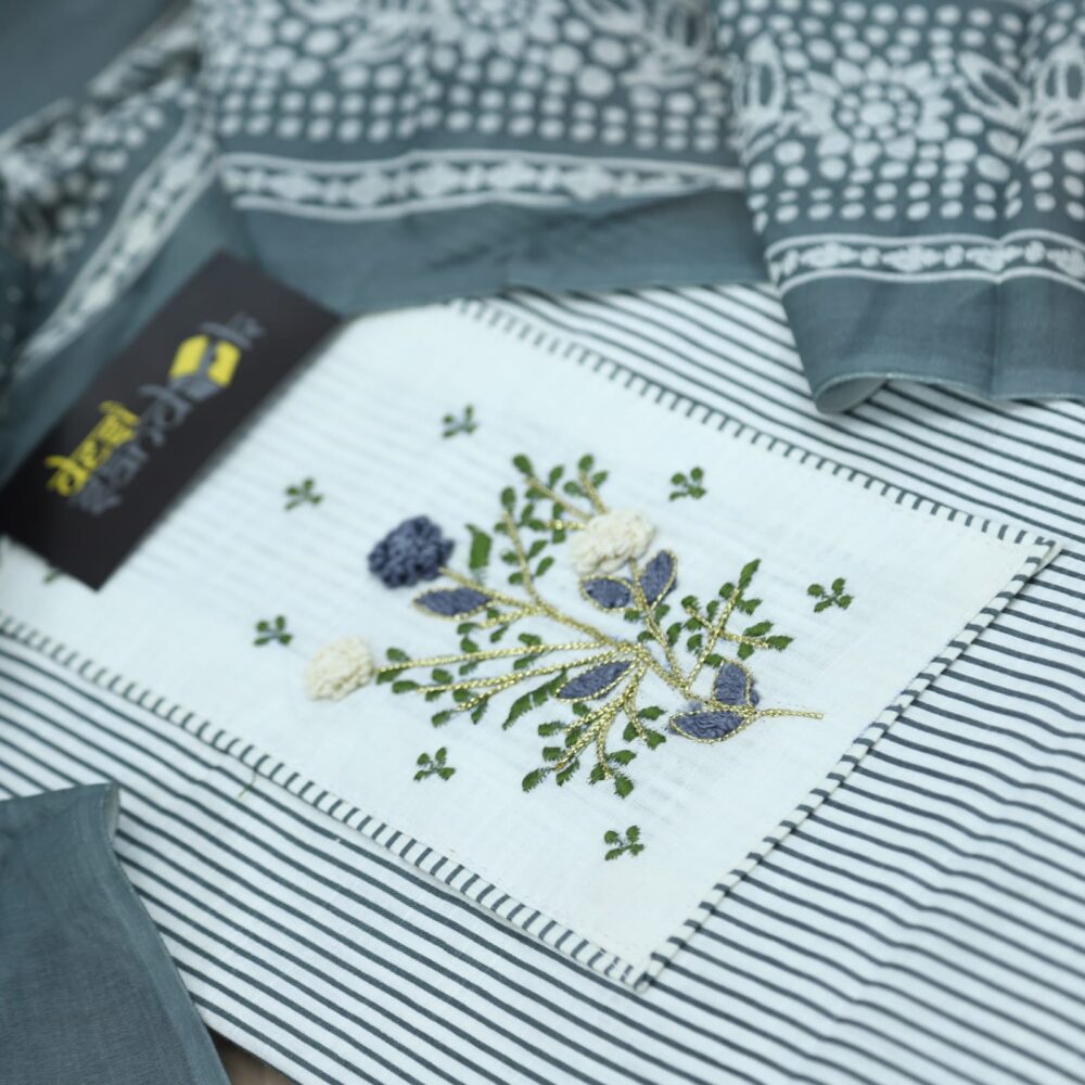 Grey Stripe Printed Cotton Top with Printed Dupatta Set