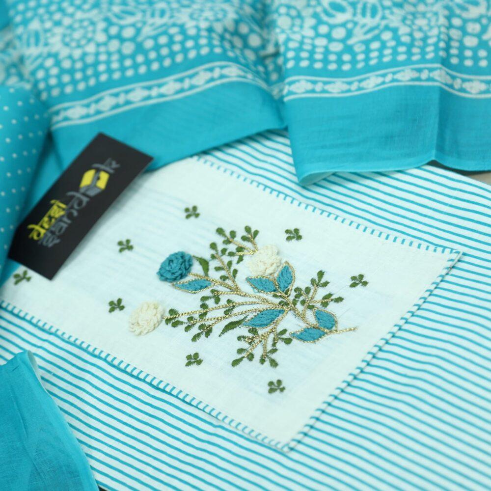 Turquoise Stripe Printed Cotton Top with Printed Dupatta Set