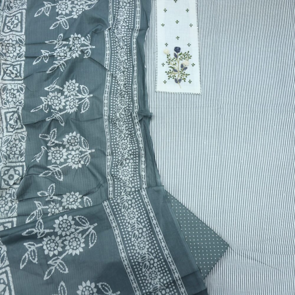 Grey Stripe Printed Cotton Top with Printed Dupatta Set