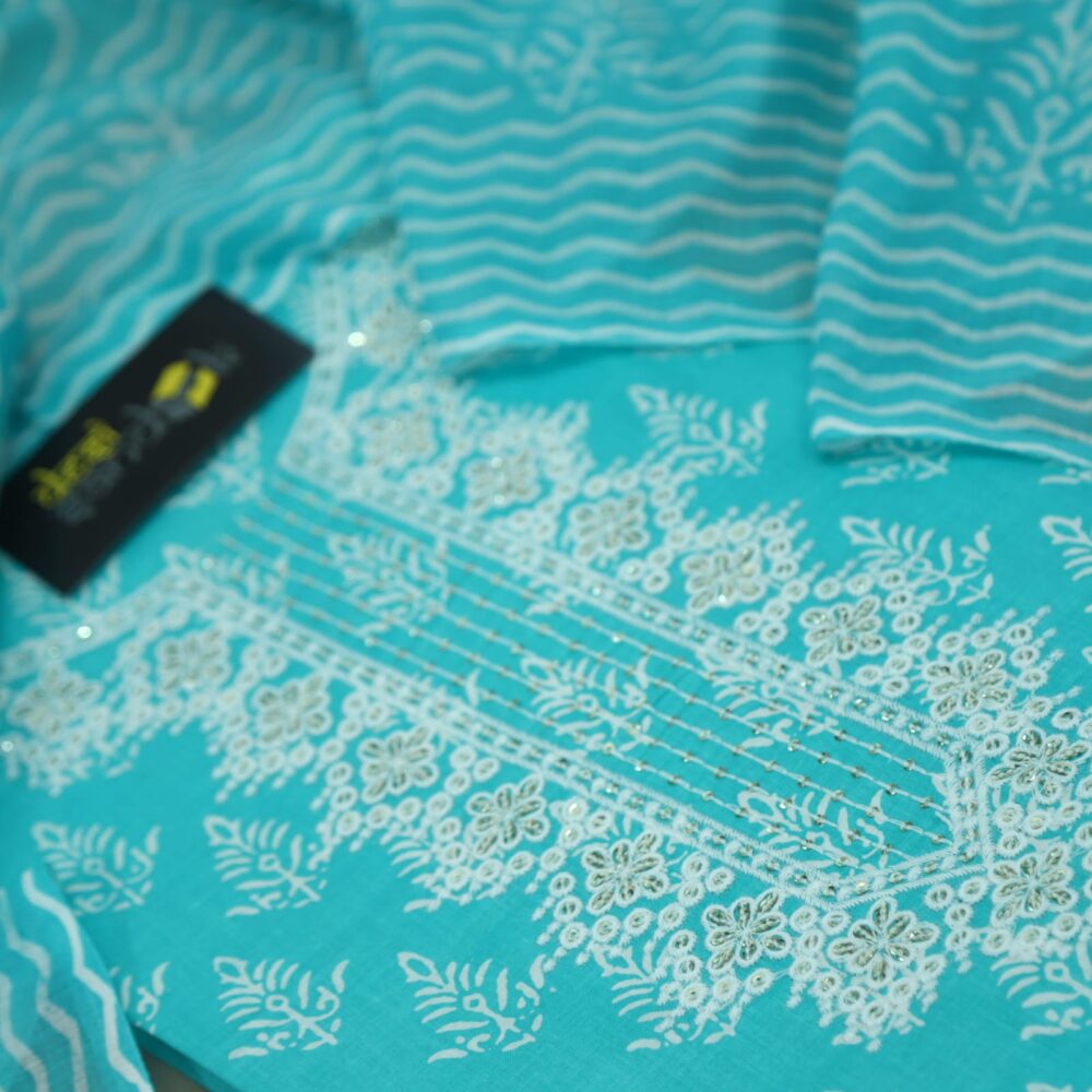 Turquoise Cotton Printed Top with Zig Zag Printed Dupatta Set