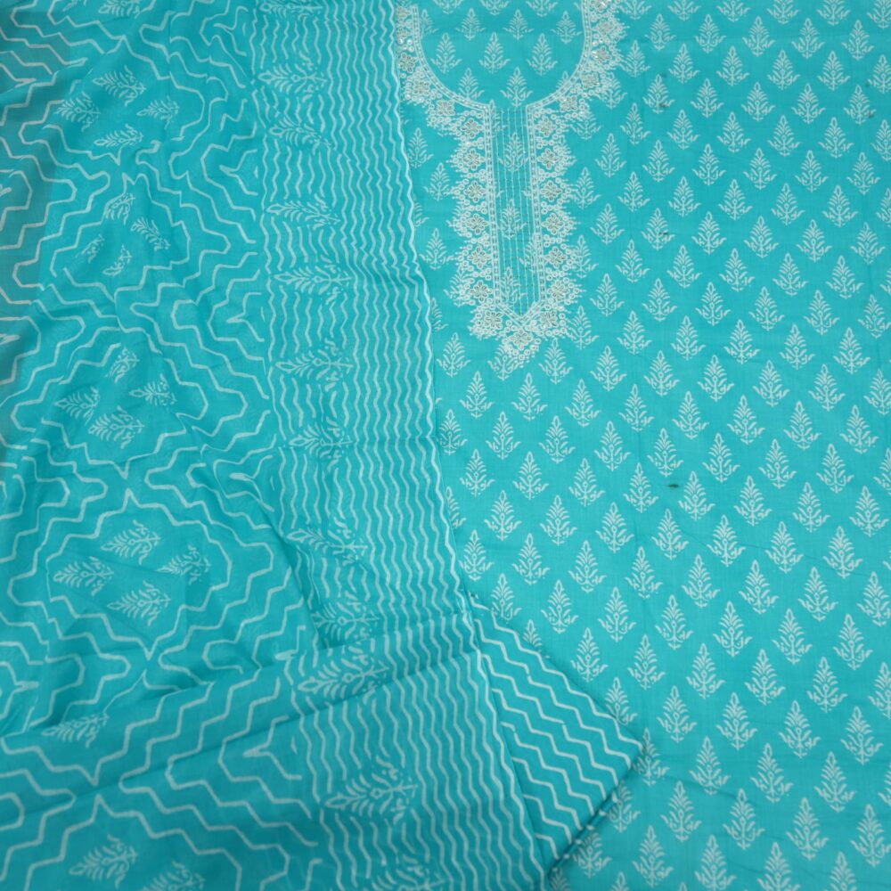 Turquoise Cotton Printed Top with Zig Zag Printed Dupatta Set
