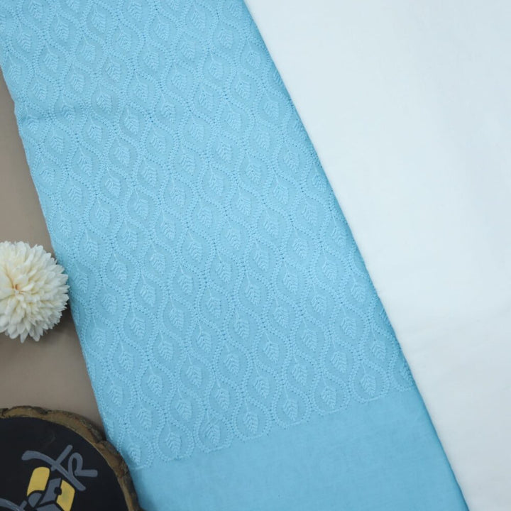 Sky Blue Chikankari Fabric with White Cotton Flax Fabric