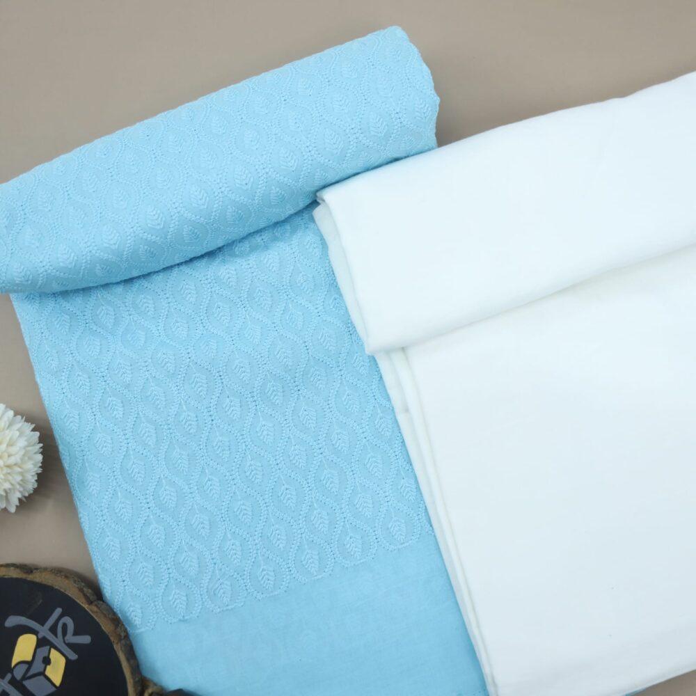 Sky Blue Chikankari Fabric with White Cotton Flax Fabric