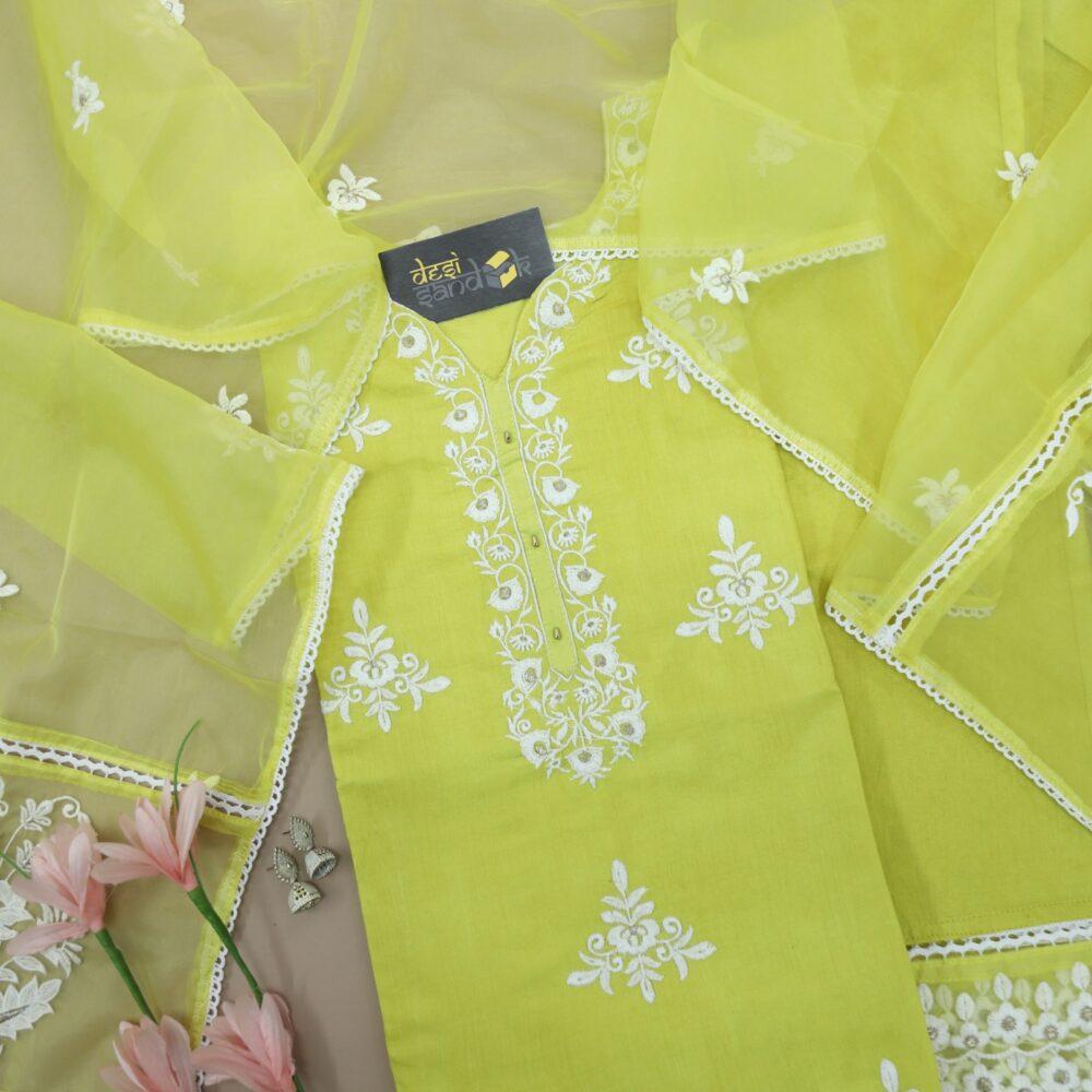 Slime Green Muslin 3 Piece Set with Organza Dupatta