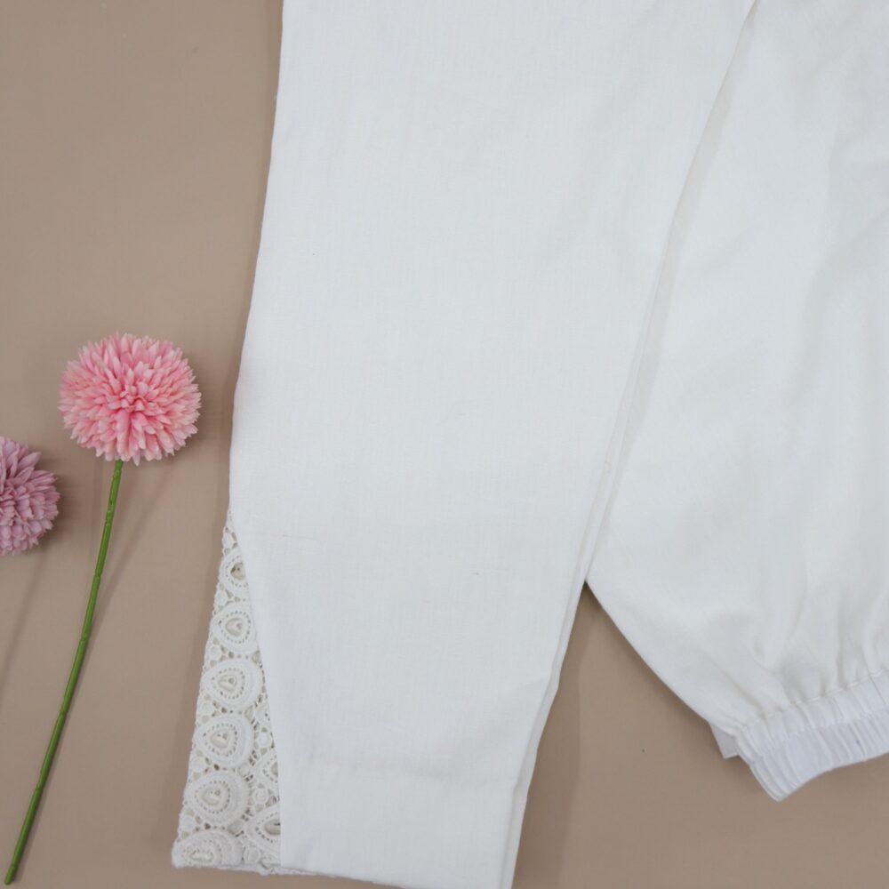 Pearl White Cotton Flax Side Lace Work Trouser