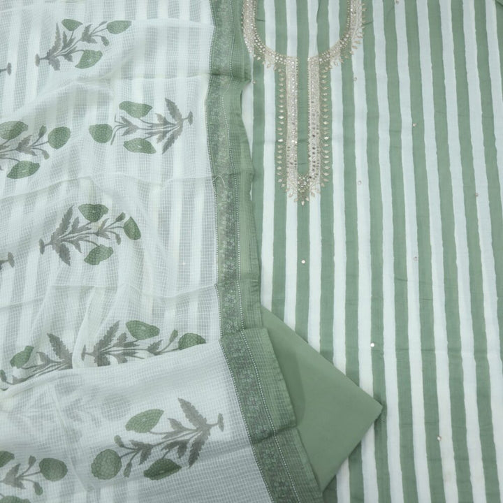 Fern Green Candy Stripe Printed Cotton Top with Kota Hand Painted Dupatta Set