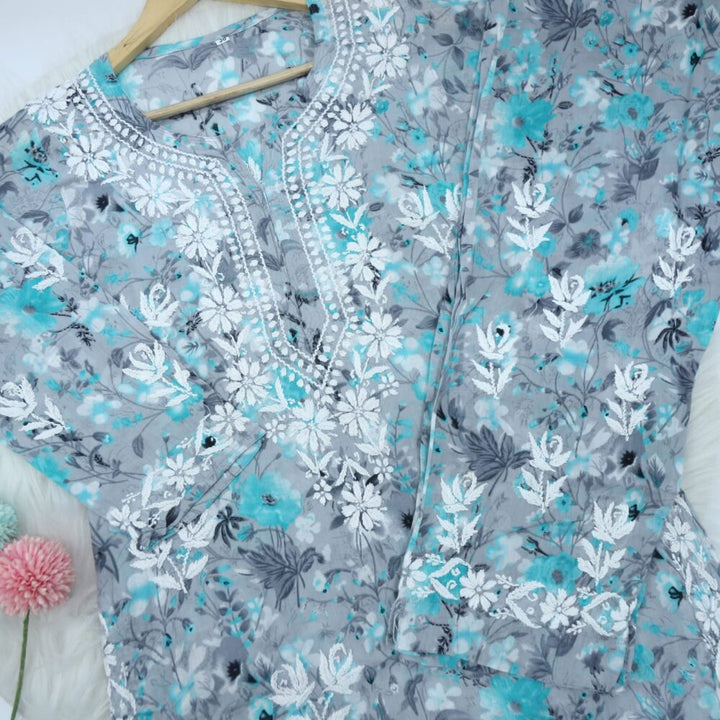 Grey Base Blue Printed Cotton Chikankari 2 Piece Set