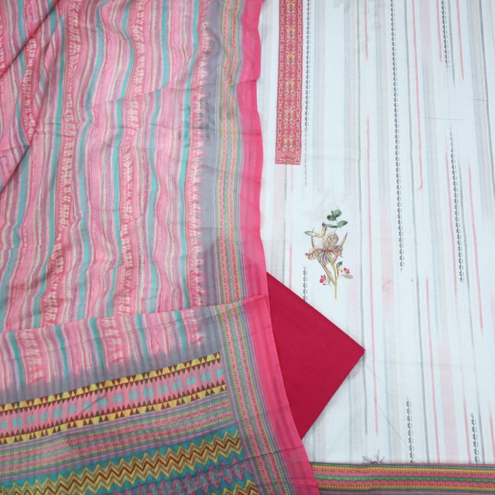 Offwhite Digital Printed Cotton Top with Creamy Pink Box Pallu Print Dupatta Set