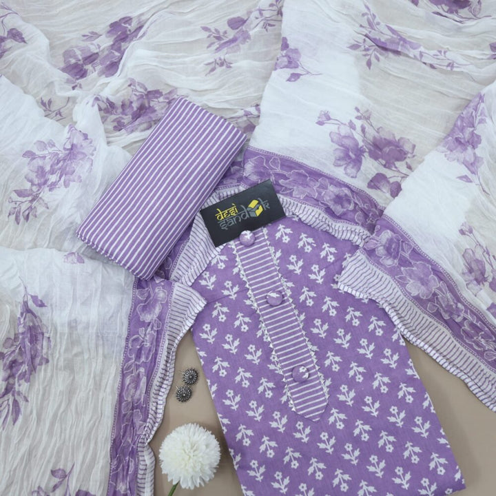 Orchid Purple Printed Cotton Top with White Printed Dupatta Set -D4