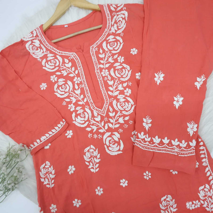 Neon Peach Rayon Chikankari Work 2 Piece Set with Pants