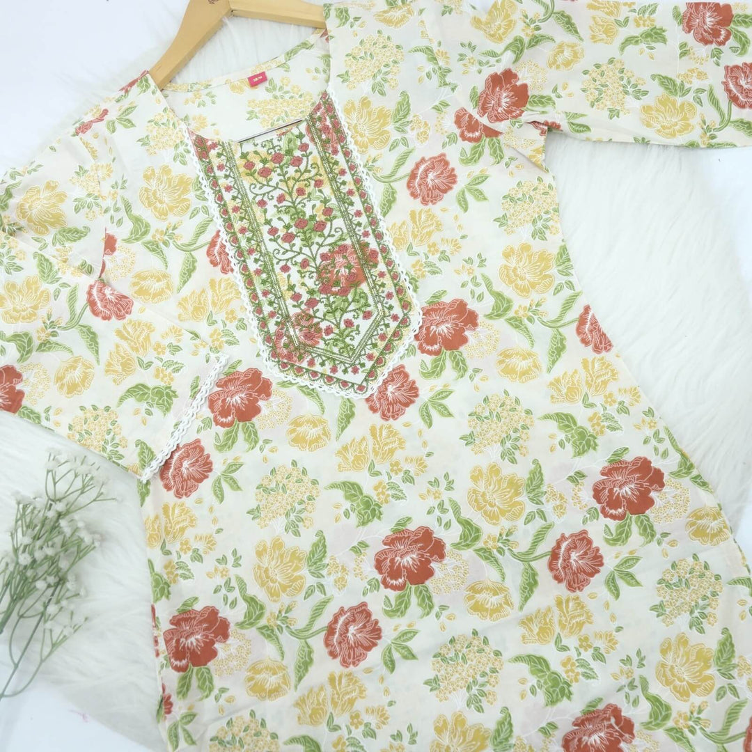 White Floral Embroidered Cotton Kurti