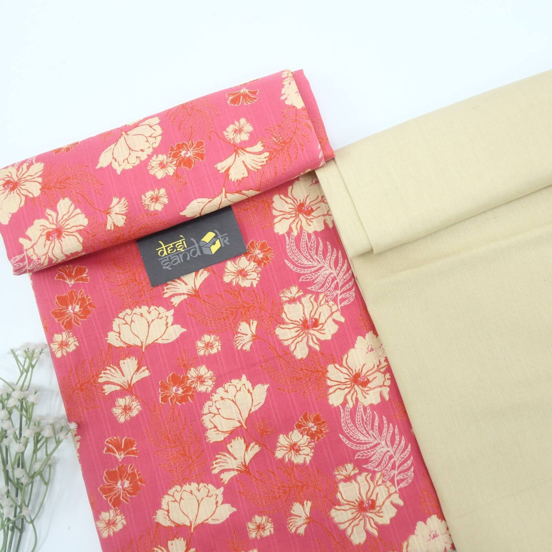 Creamy Pink Printed Cotton Check Dobby Fabric with Sand Beige Flex