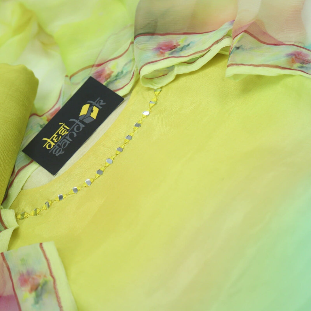 Ombre Yellow and Green Muslin Top with Digital Print Chiffon Dupatta Set