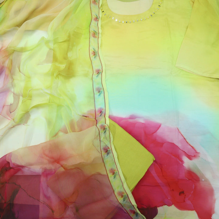 Ombre Yellow and Green Muslin Top with Digital Print Chiffon Dupatta Set