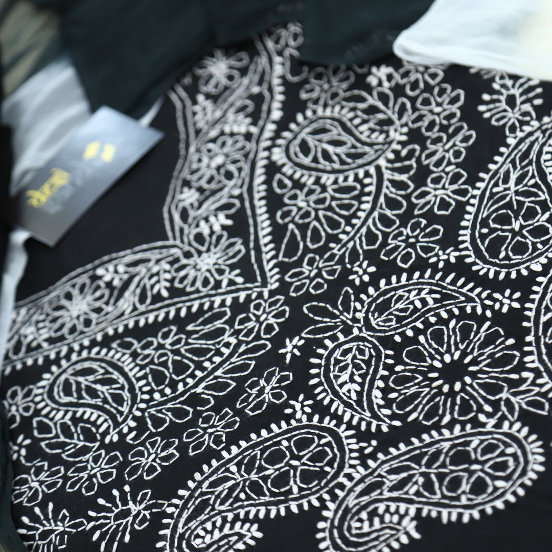 Ebony Black Authentic Chikankari Cotton Top with Chiffon Dupatta Set