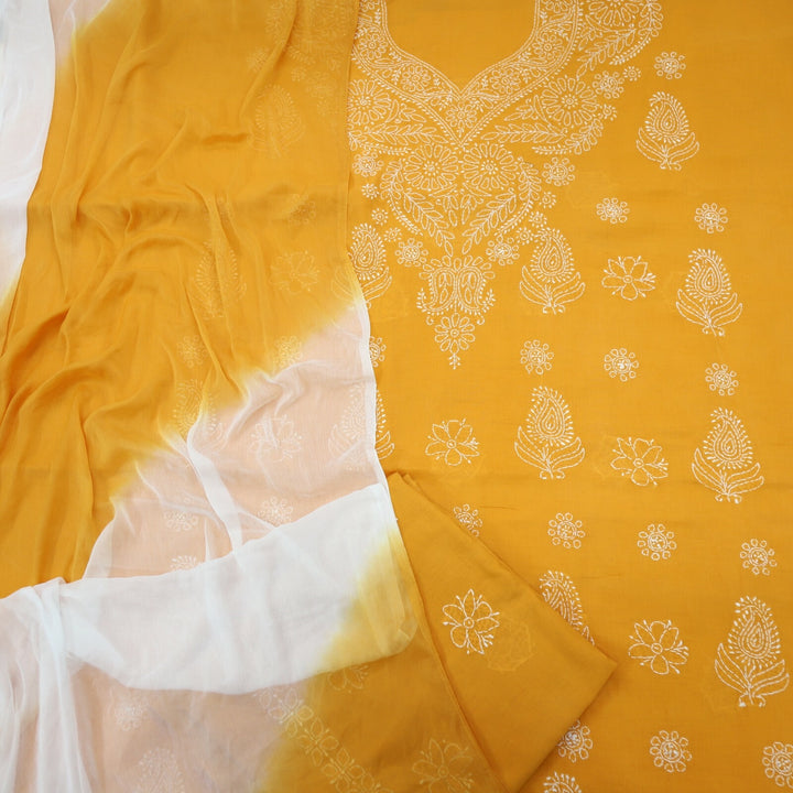 Mustard Yellow Authentic Chikankari Cotton Top with Printed Cotton Dupatta Set