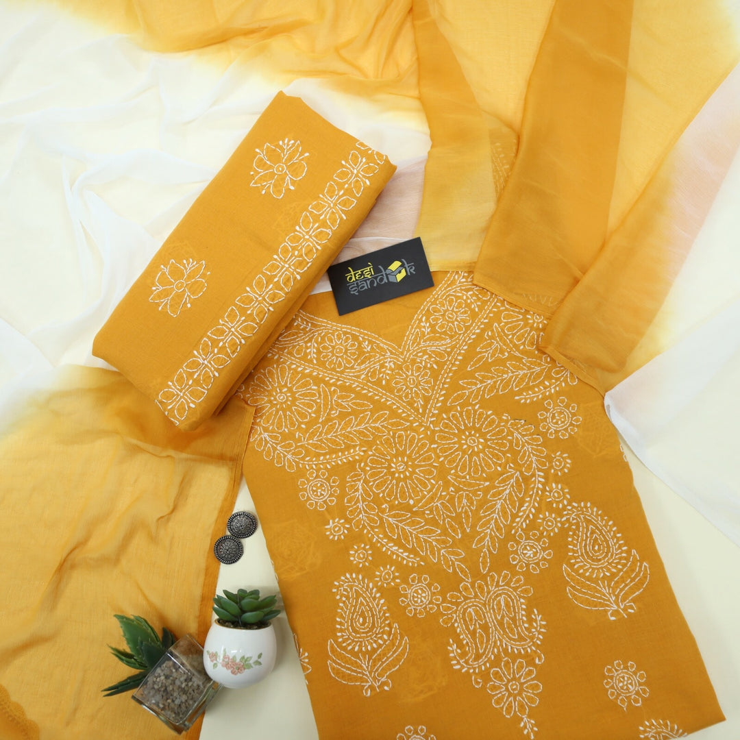 Mustard Yellow Authentic Chikankari Cotton Top with Printed Cotton Dupatta Set