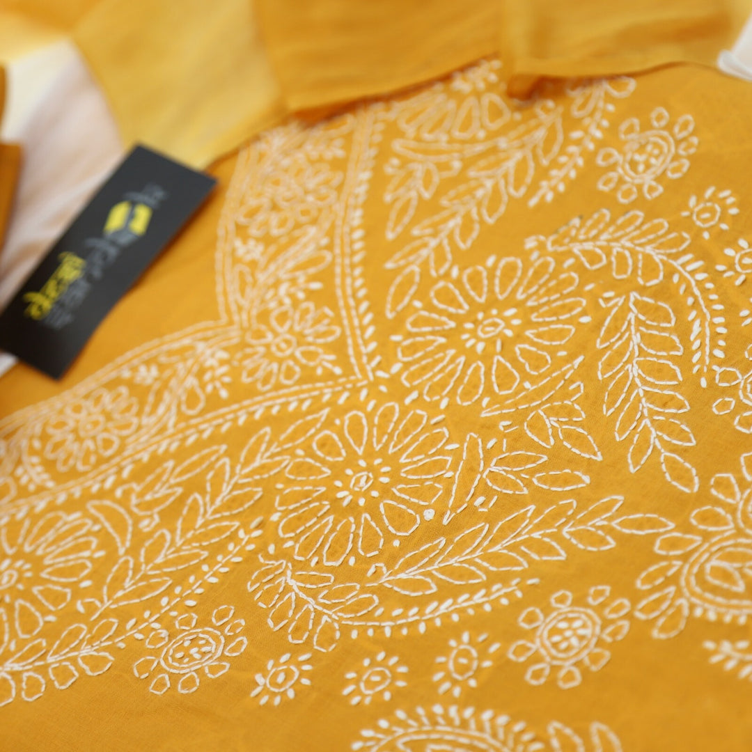 Mustard Yellow Authentic Chikankari Cotton Top with Printed Cotton Dupatta Set