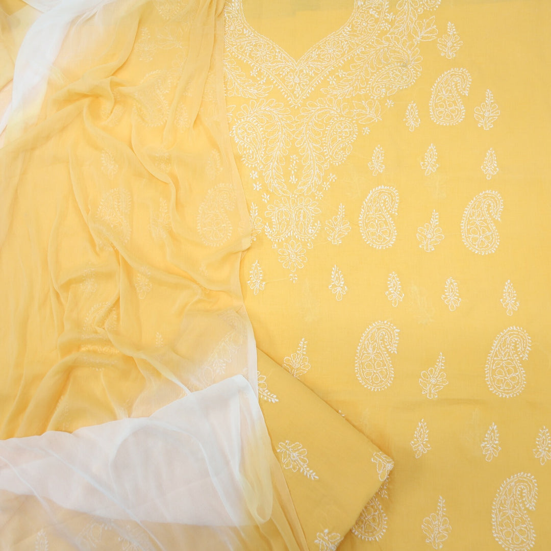 Yellow Orange Authentic Chikankari Cotton Top with Printed Cotton Dupatta Set