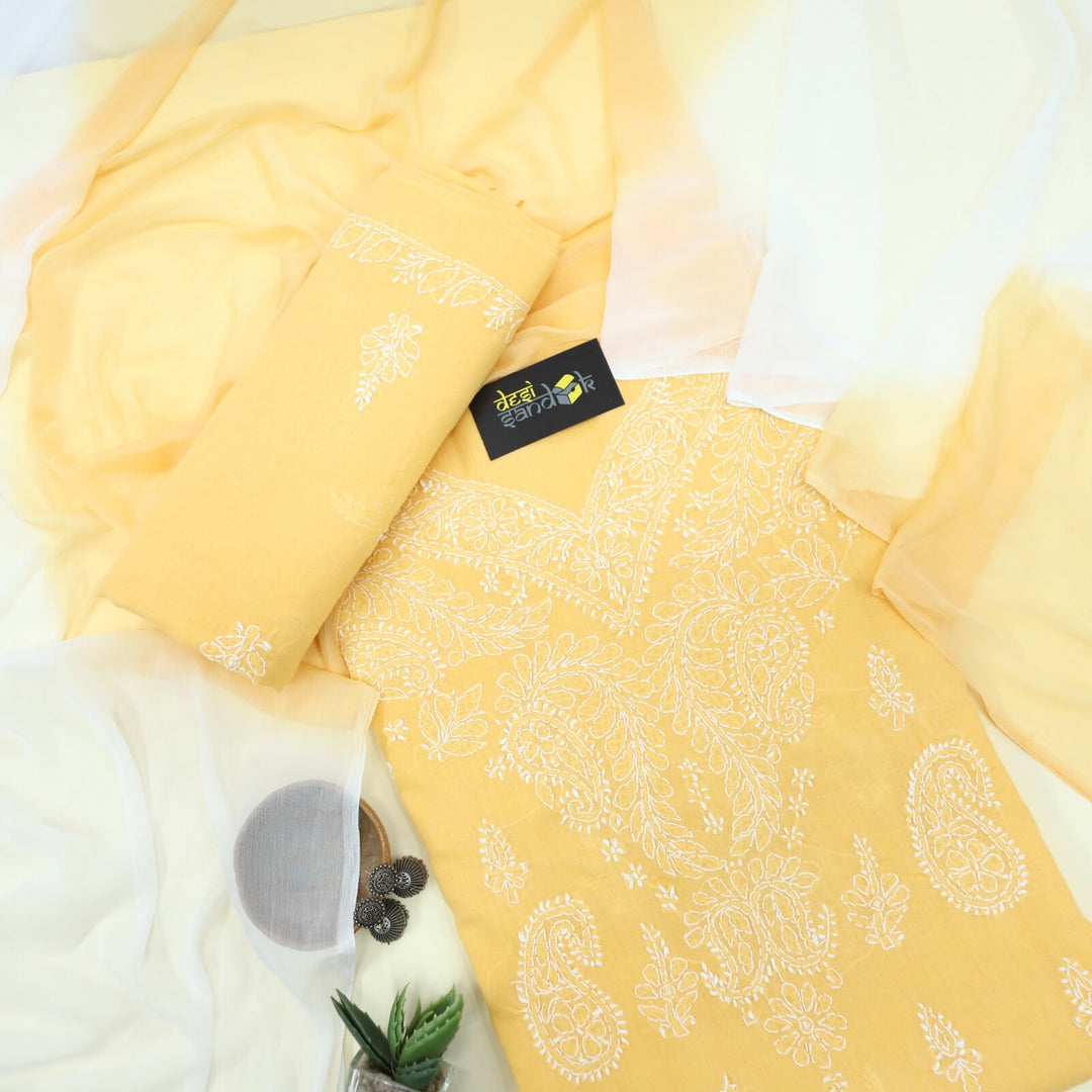 Yellow Orange Authentic Chikankari Cotton Top with Printed Cotton Dupatta Set