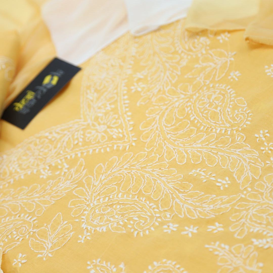 Yellow Orange Authentic Chikankari Cotton Top with Printed Cotton Dupatta Set