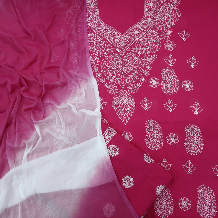 Jazzberry Pink Authentic Chikankari Cotton Top with Chiffon Dupatta Set