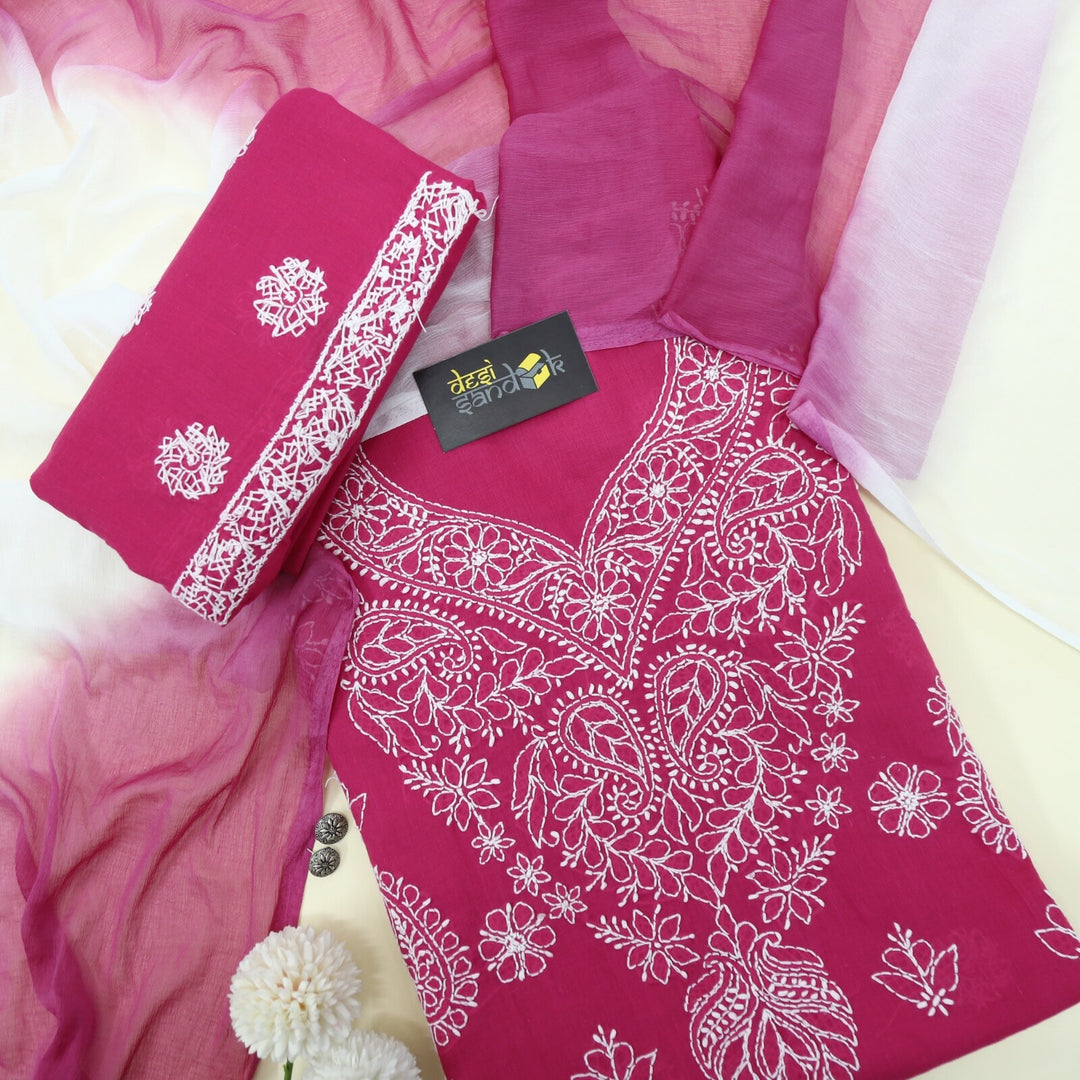 Jazzberry Pink Authentic Chikankari Cotton Top with Chiffon Dupatta Set