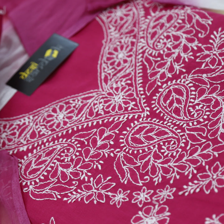 Jazzberry Pink Authentic Chikankari Cotton Top with Chiffon Dupatta Set