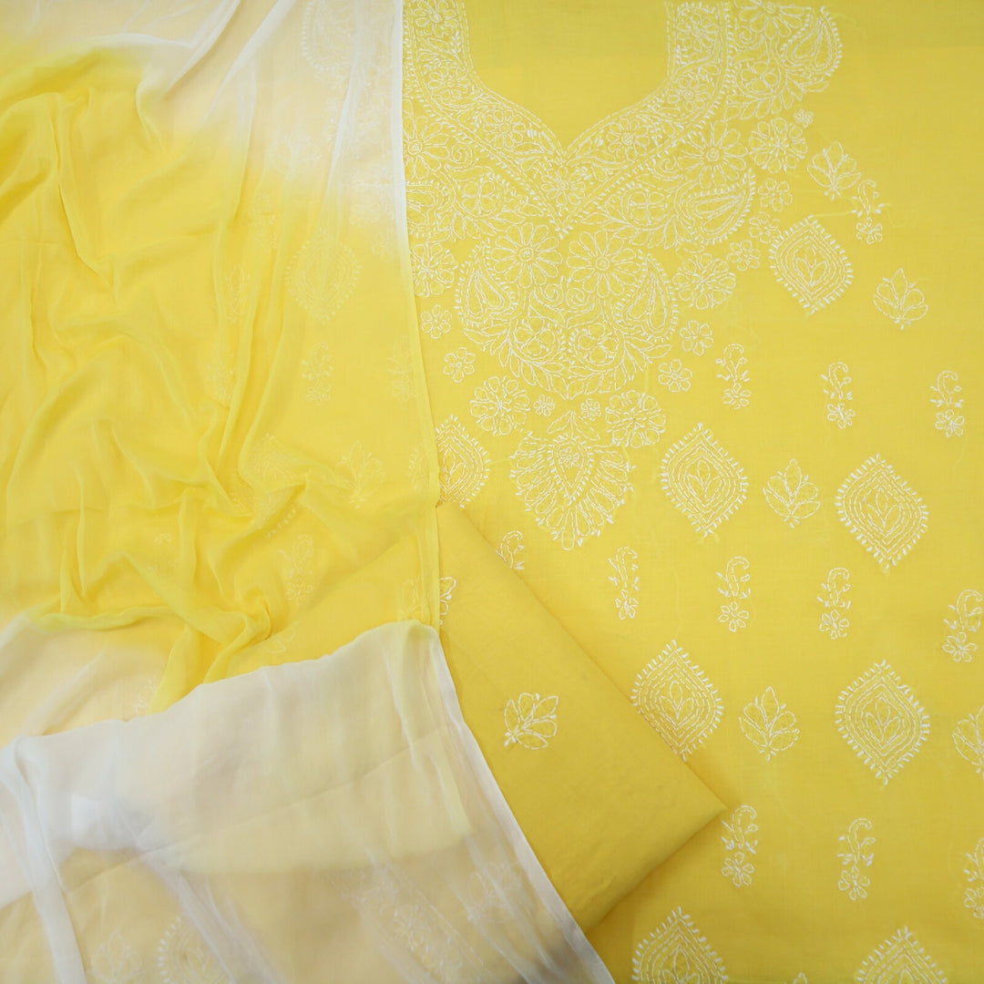 Vivid Yellow Authentic Chikankari Cotton Top with Chiffon Dupatta Set