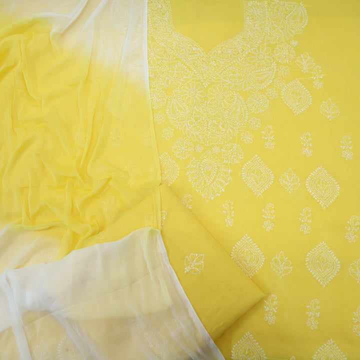 Vivid Yellow Authentic Chikankari Cotton Top with Chiffon Dupatta Set