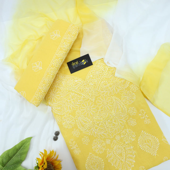 Vivid Yellow Authentic Chikankari Cotton Top with Chiffon Dupatta Set