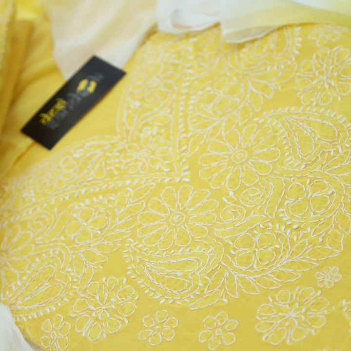 Vivid Yellow Authentic Chikankari Cotton Top with Chiffon Dupatta Set