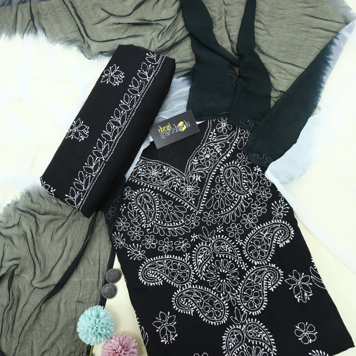 Ebony Black Authentic Chikankari Cotton Top with Chiffon Dupatta Set