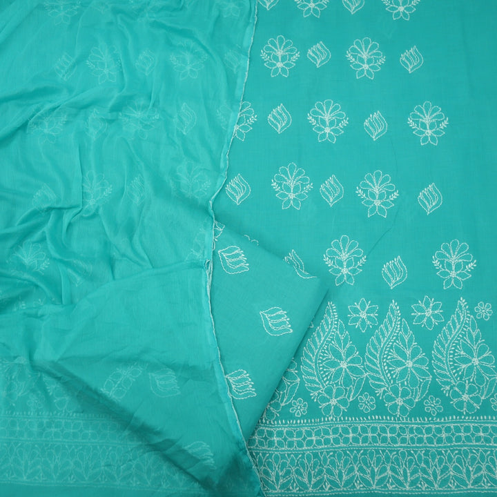 Persian Green Authentic Chikankari Cotton Top with Chiffon Dupatta Set