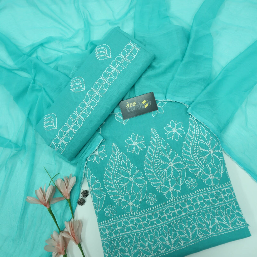 Persian Green Authentic Chikankari Cotton Top with Chiffon Dupatta Set