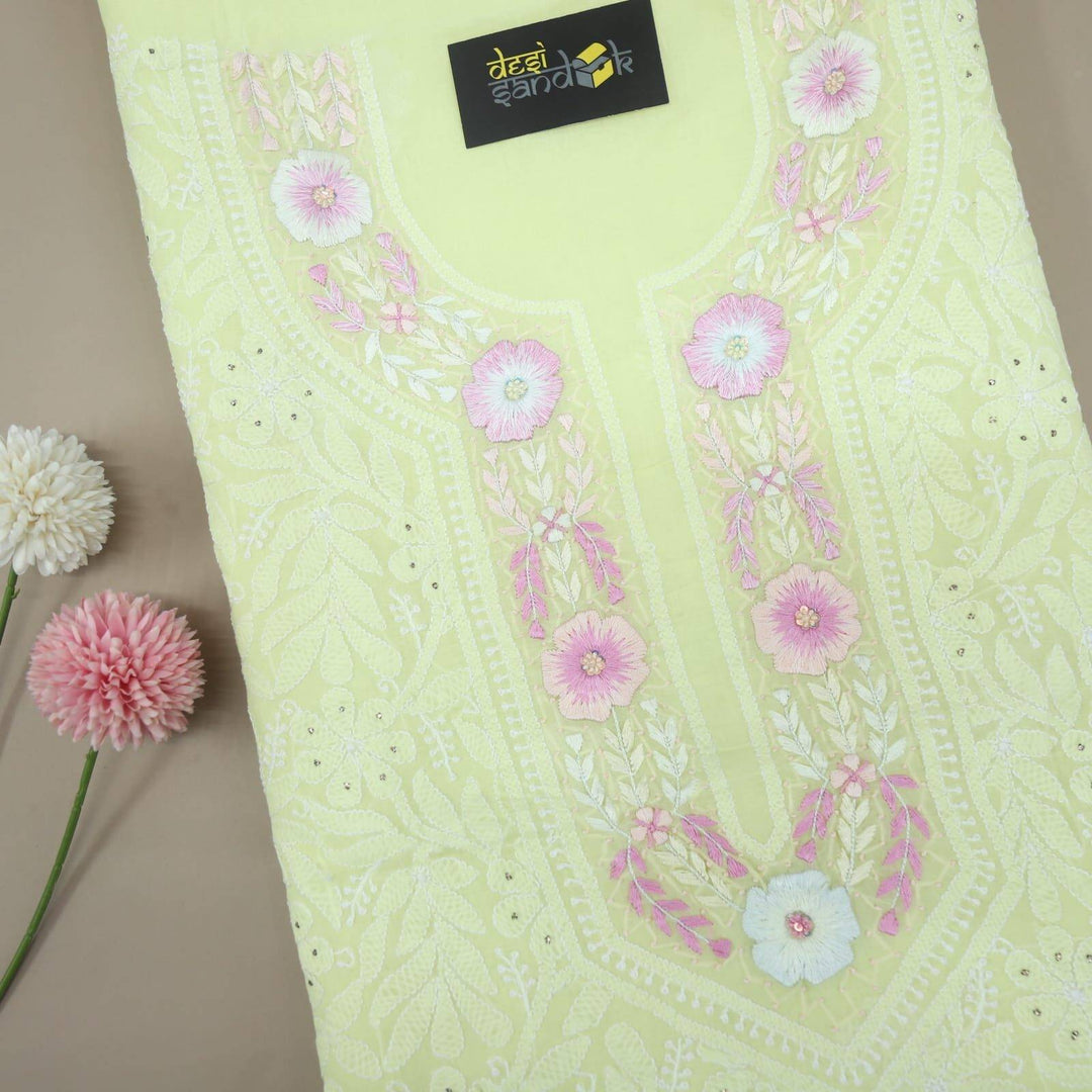 Lemon Yellow Hand Parsi Embroidered Chikankari With Mukaish work Top