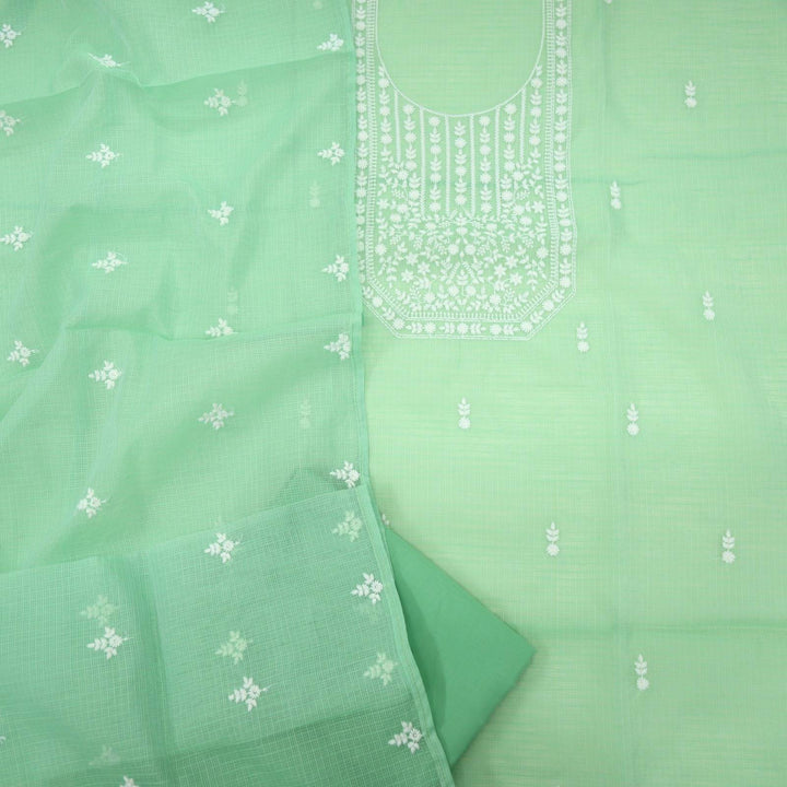 Parakeet Green Neck Thread Work Kota Doriya Top and Kota Doriya Dupatta set