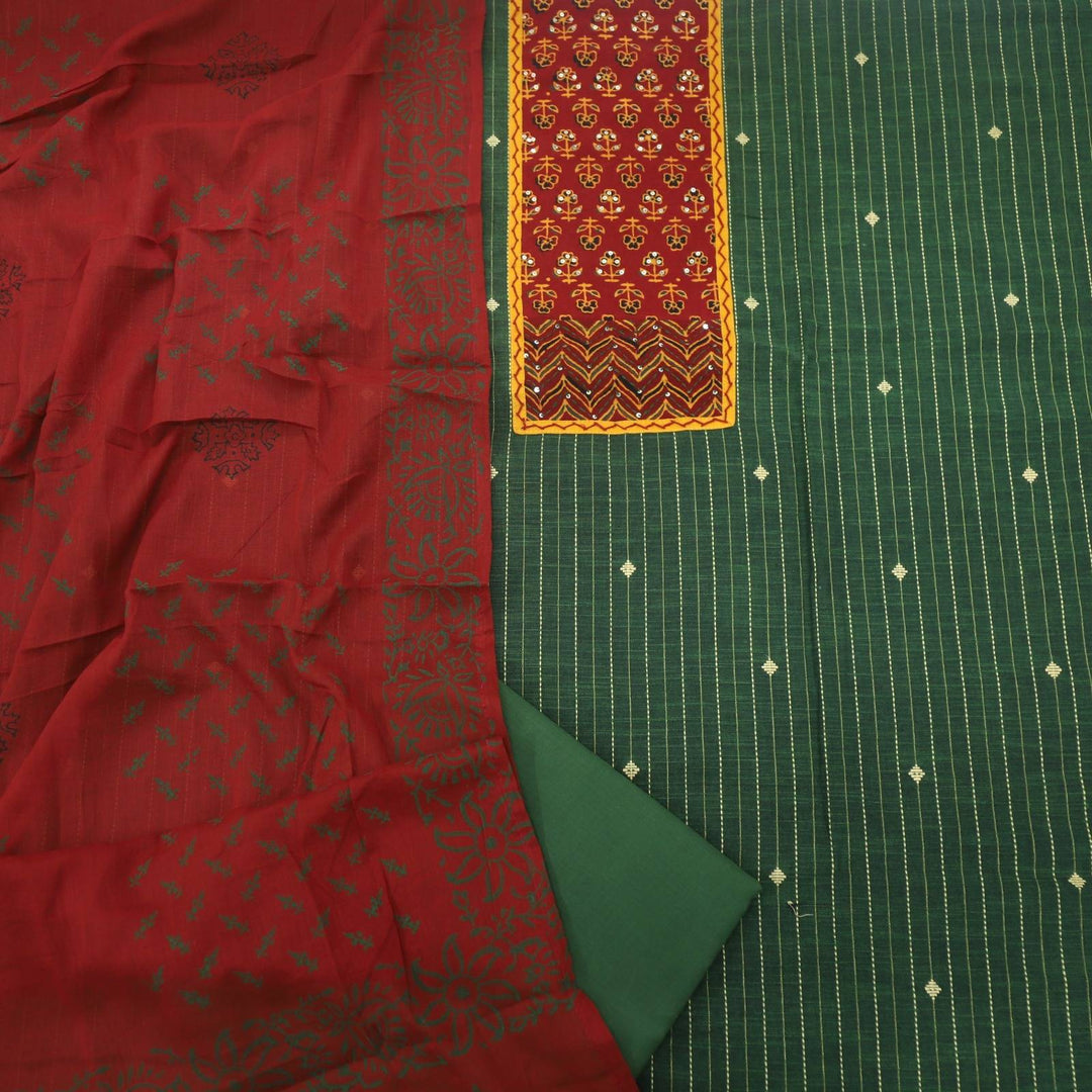 Seaweed Green Ajrak Kantha Khadi Cotton Top with Printed Dupatta Set