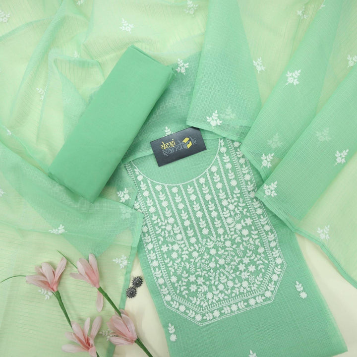 Parakeet Green Neck Thread Work Kota Doriya Top and Kota Doriya Dupatta set