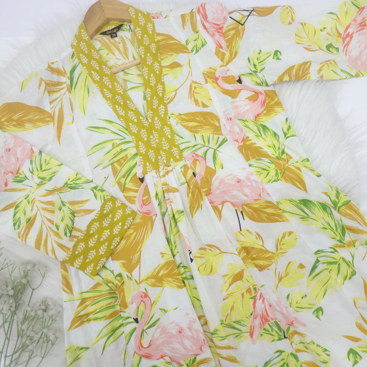 Light Yellow Bird Tropical Print Cotton Dress