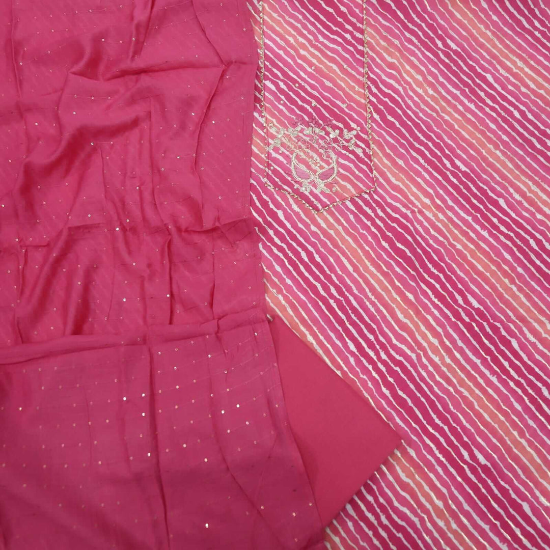 Hot Pink Leheriya Printed Embellished Cotton Top with Printed Cotton Dupatta Set