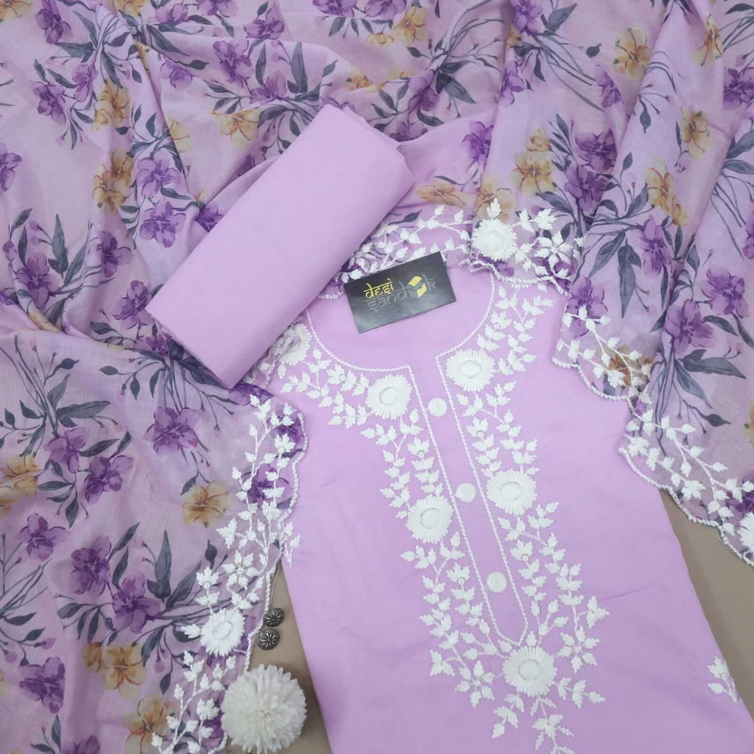 Nawabi LiLac Authentic Chikankari Cotton Top with Cotton Dupatta Set